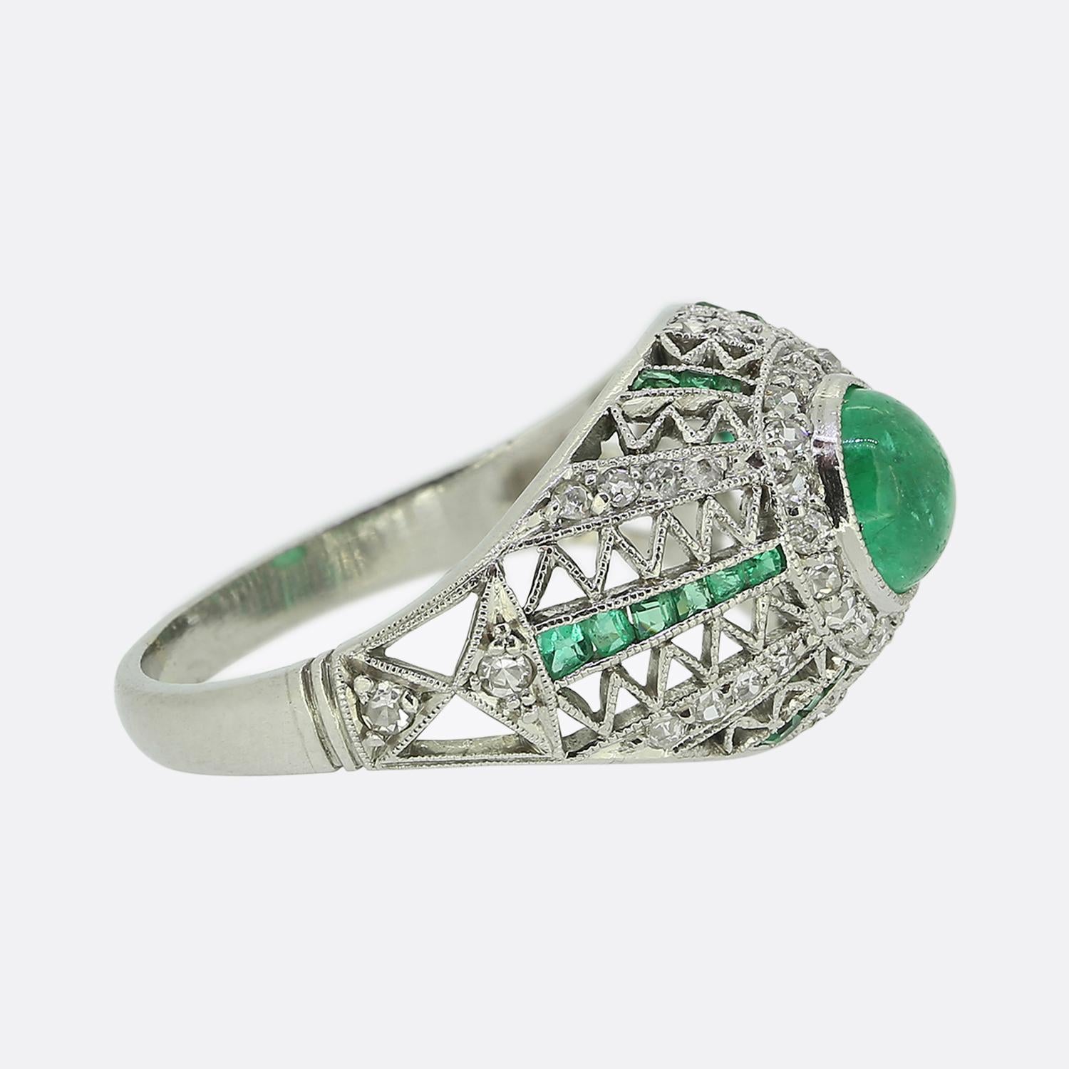 Rose Cut Art Deco Emerald and Diamond Bombe Ring For Sale