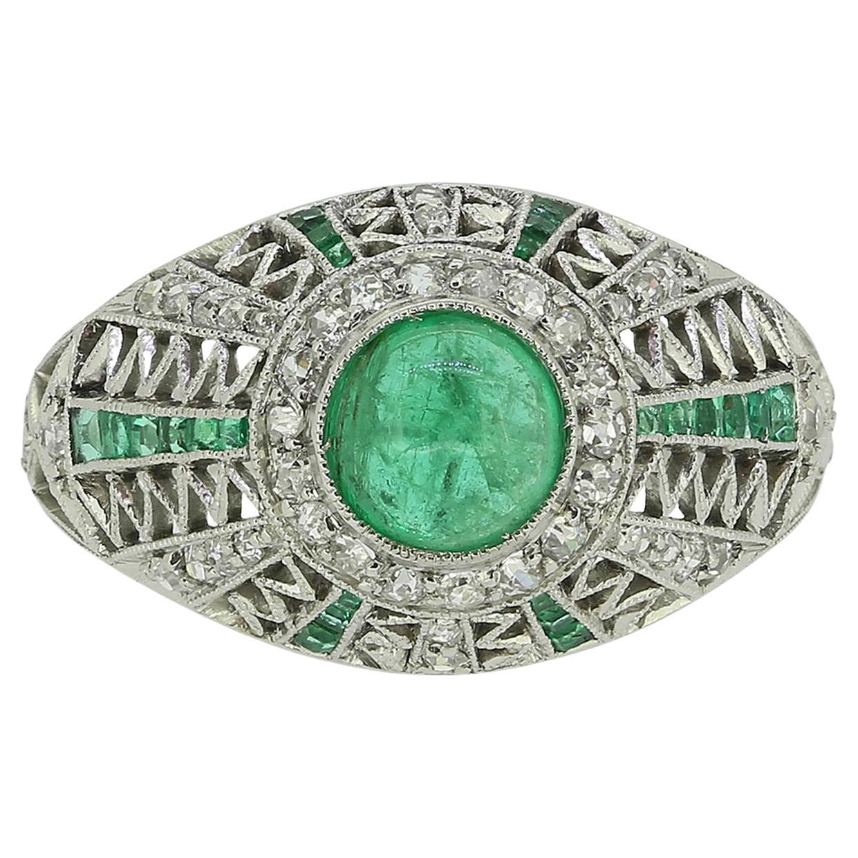 Art Deco Emerald and Diamond Bombe Ring For Sale