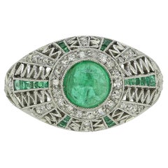 Used Art Deco Emerald and Diamond Bombe Ring