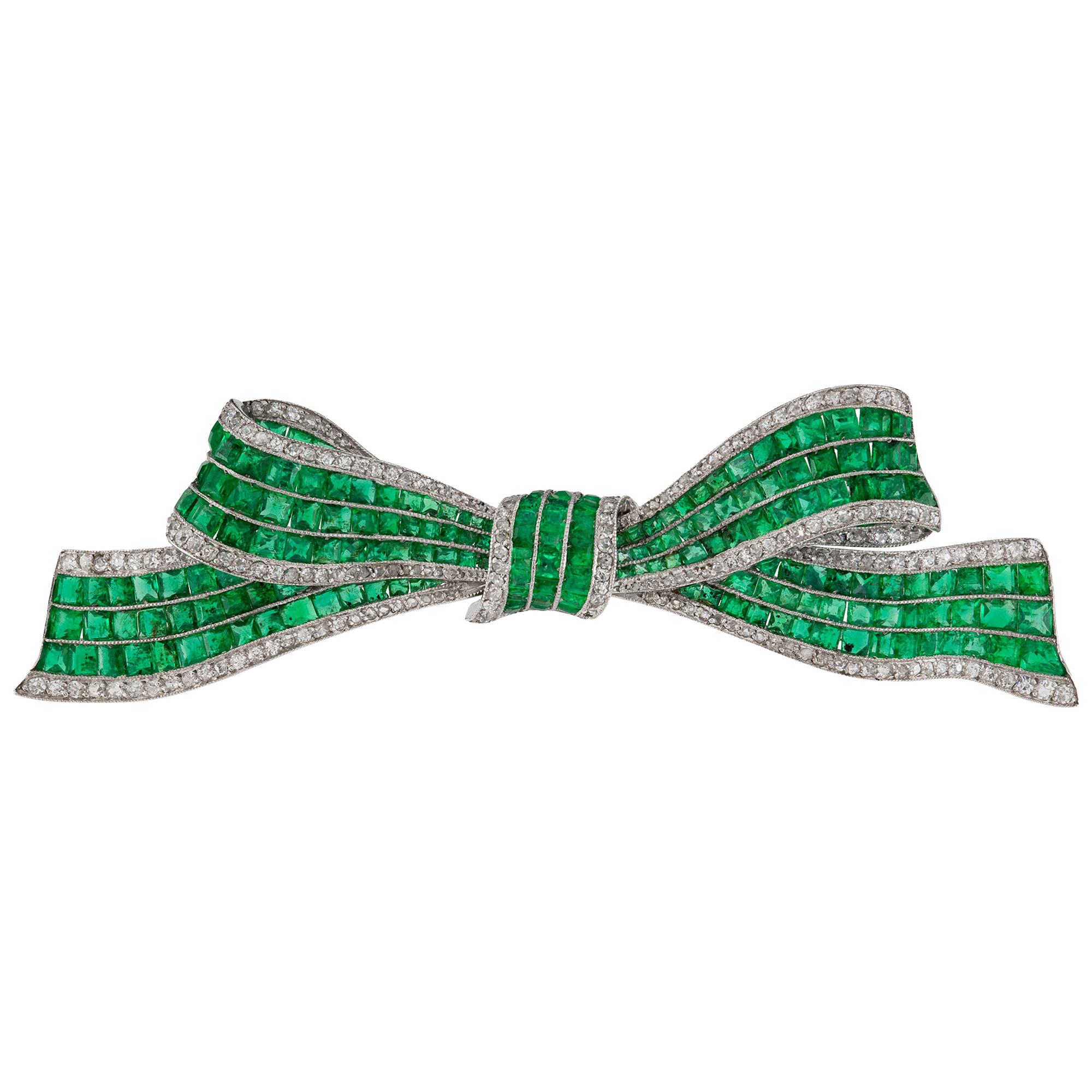 Art Deco Emerald and Diamond Bow Brooch