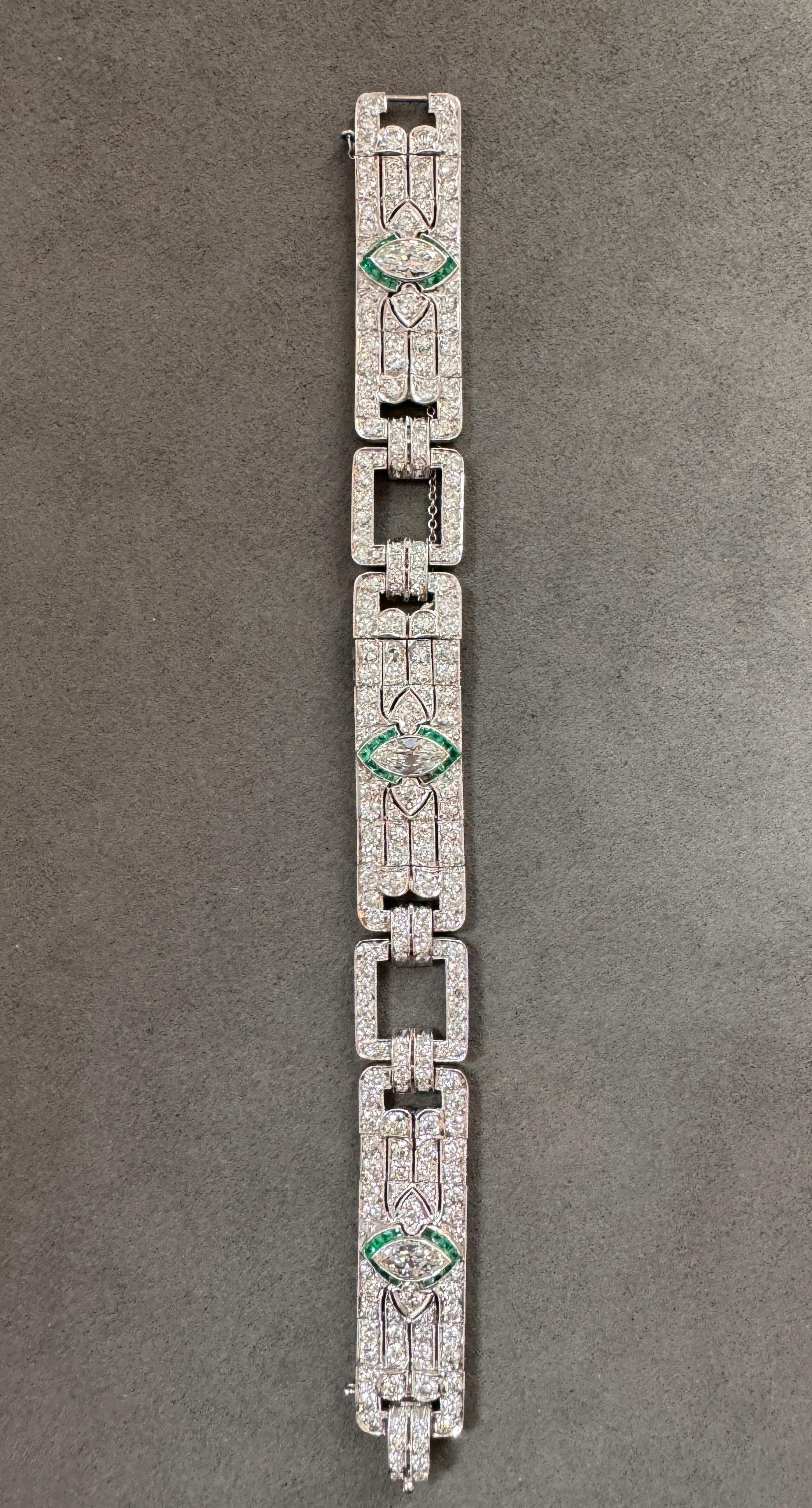 Marquise Cut Art Deco Emerald and Diamond Bracelet For Sale