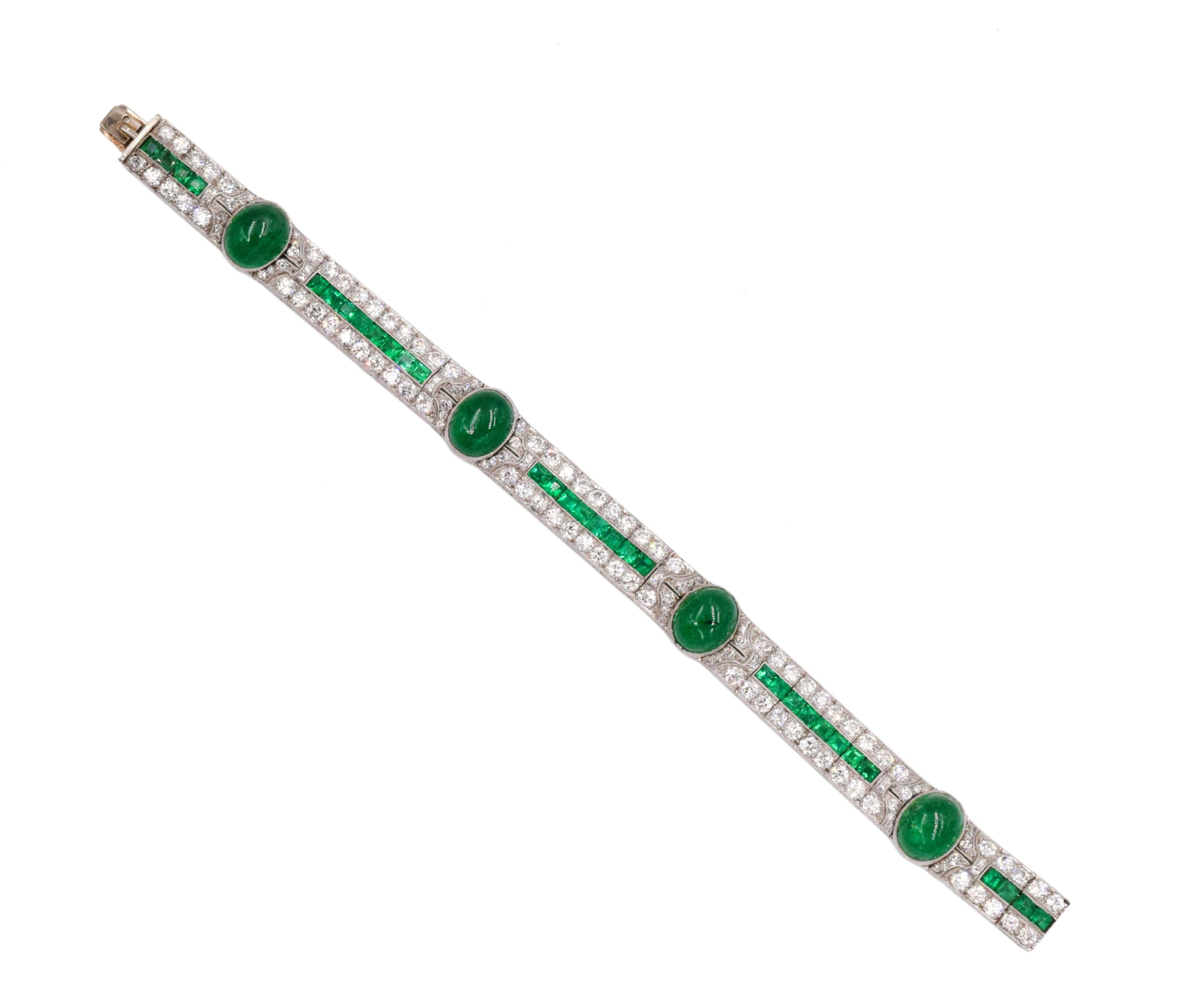 Radiant Cut Art Deco Emerald and Diamond Bracelet For Sale