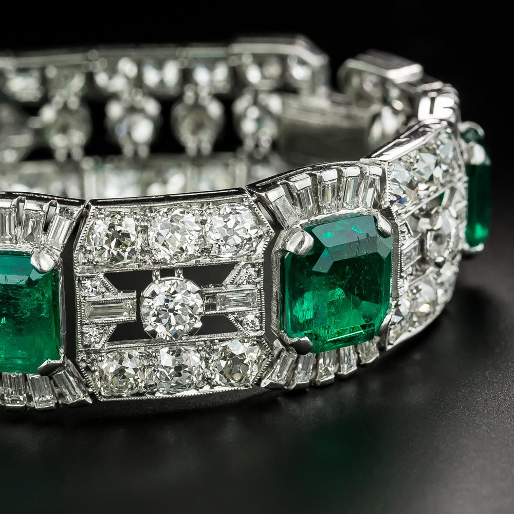Old European Cut Art Deco Emerald and Diamond Bracelet, GIA, No Clarity Enhancement For Sale