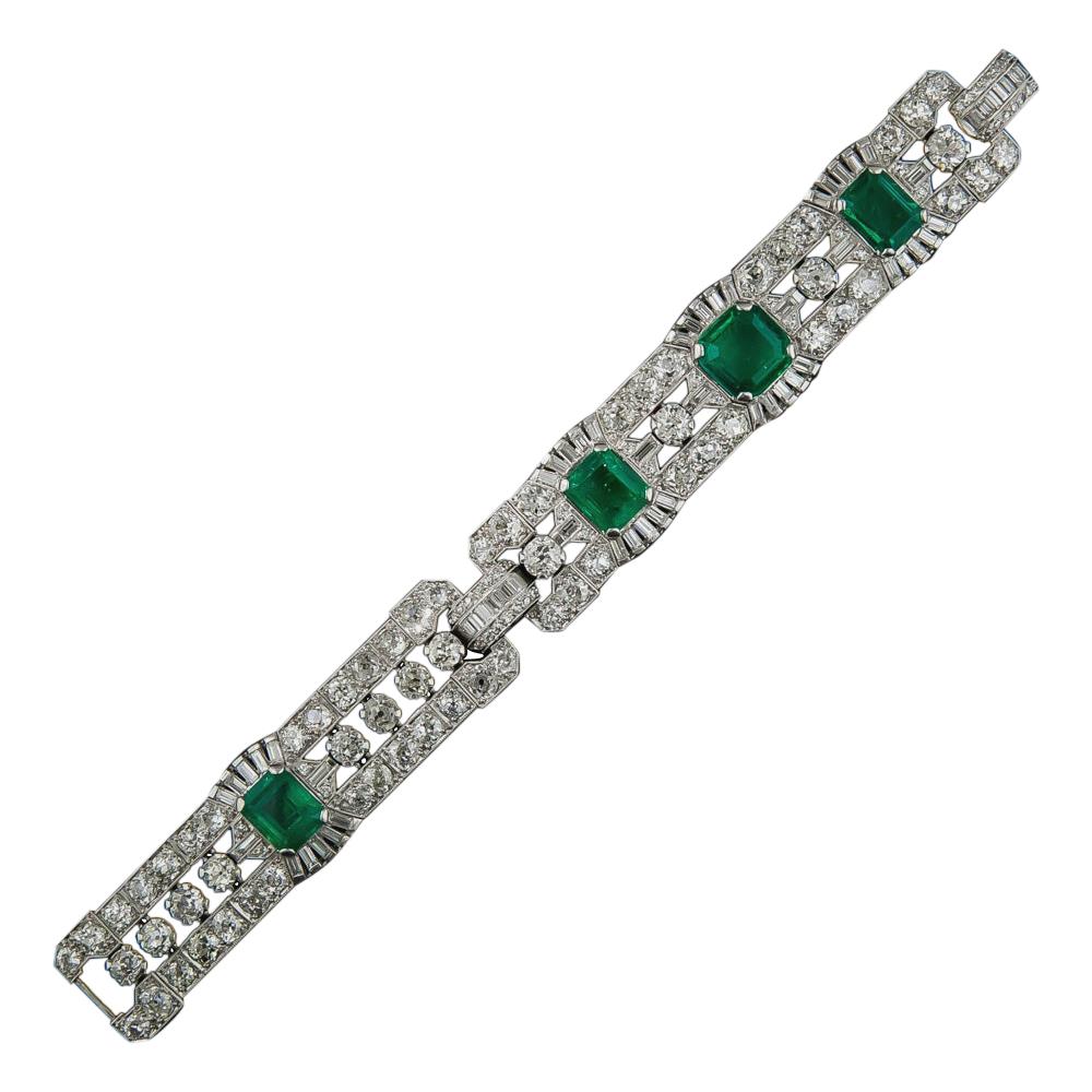 Art Deco Emerald and Diamond Bracelet, GIA, No Clarity Enhancement For Sale