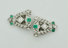 Art Deco Emerald and Diamond Brooch Clips circa 1920s in Platinum
