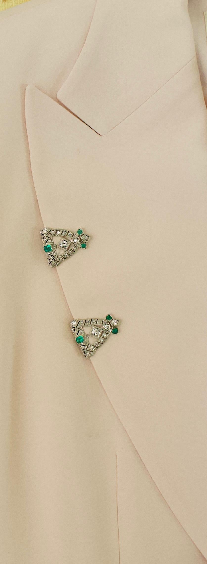 Women's or Men's Art Deco Emerald and Diamond Brooch Clips circa 1920s in Platinum For Sale