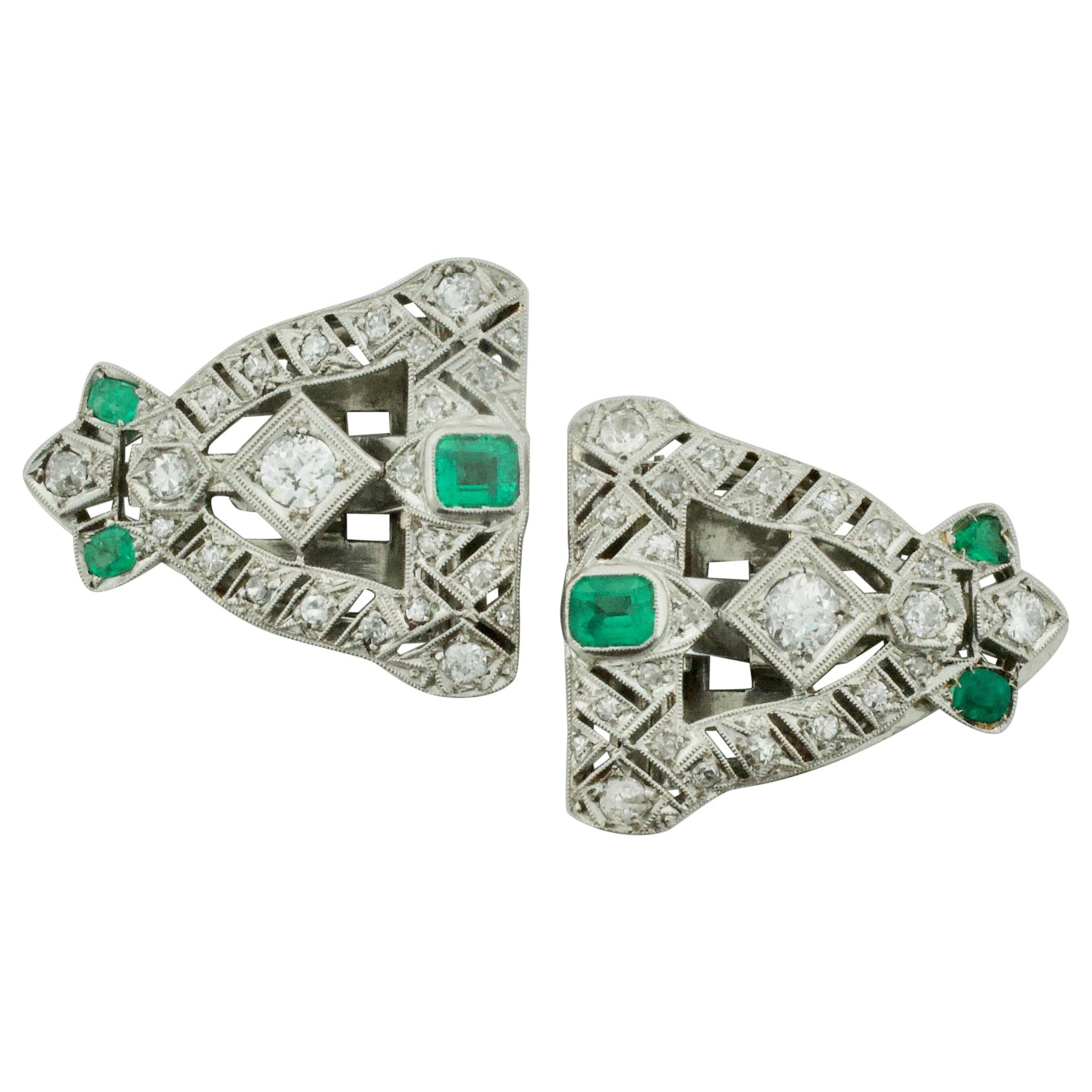 Art Deco Emerald and Diamond Brooch Clips circa 1920s in Platinum
