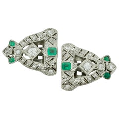 Art Deco Emerald and Diamond Brooch Clips circa 1920s in Platinum