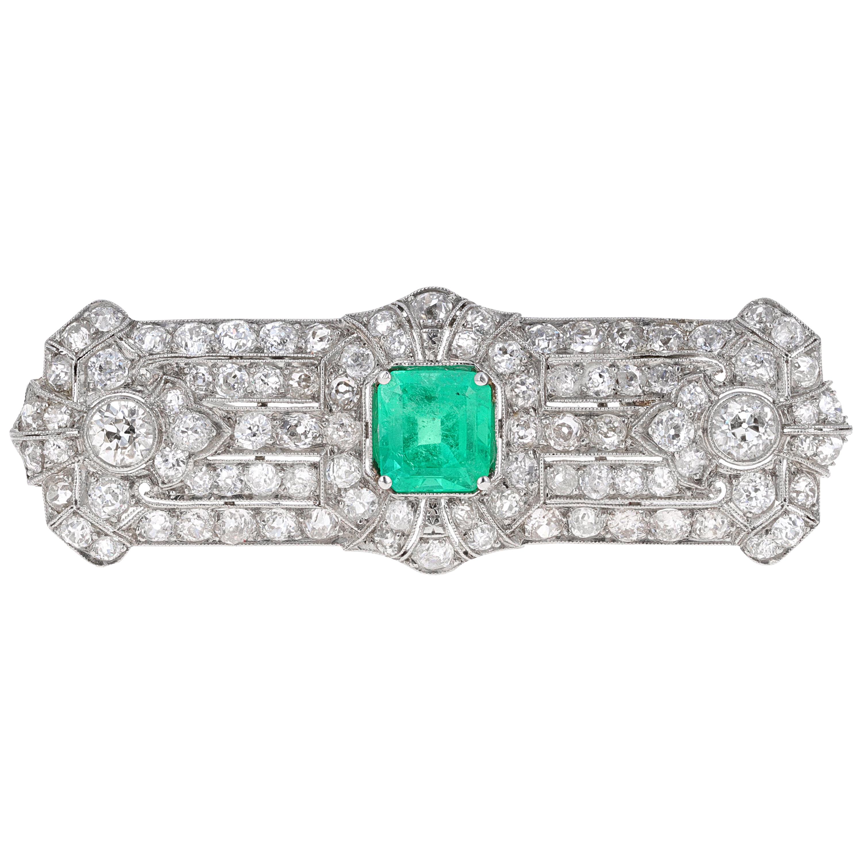 Art Deco Emerald and Diamond Brooch For Sale