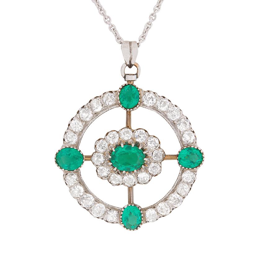 Art Deco Emerald and Diamond Cluster Pendant, circa 1920s