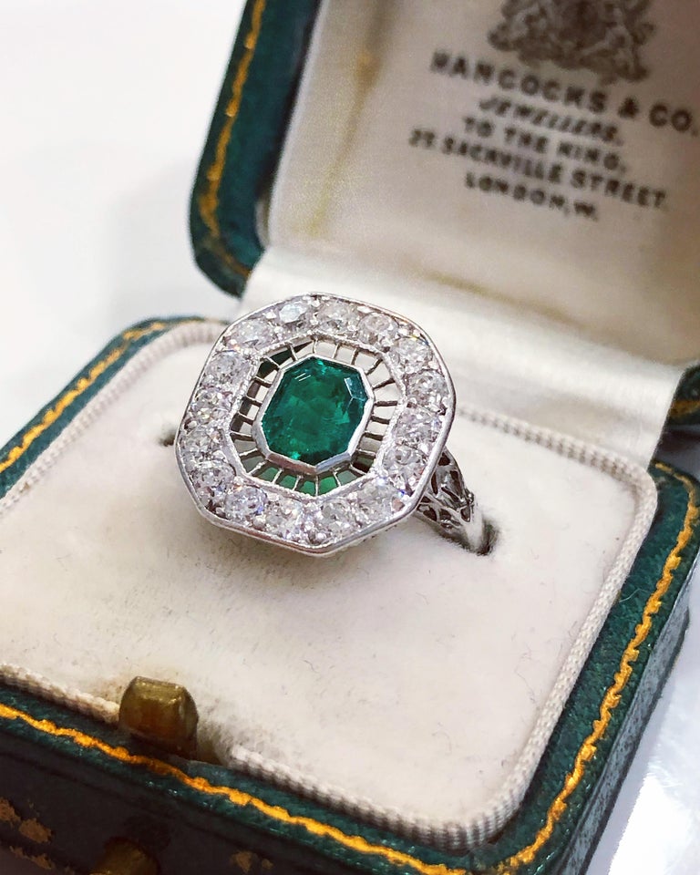 Art Deco Emerald and Diamond Cluster Ring, circa 1920s at 1stDibs