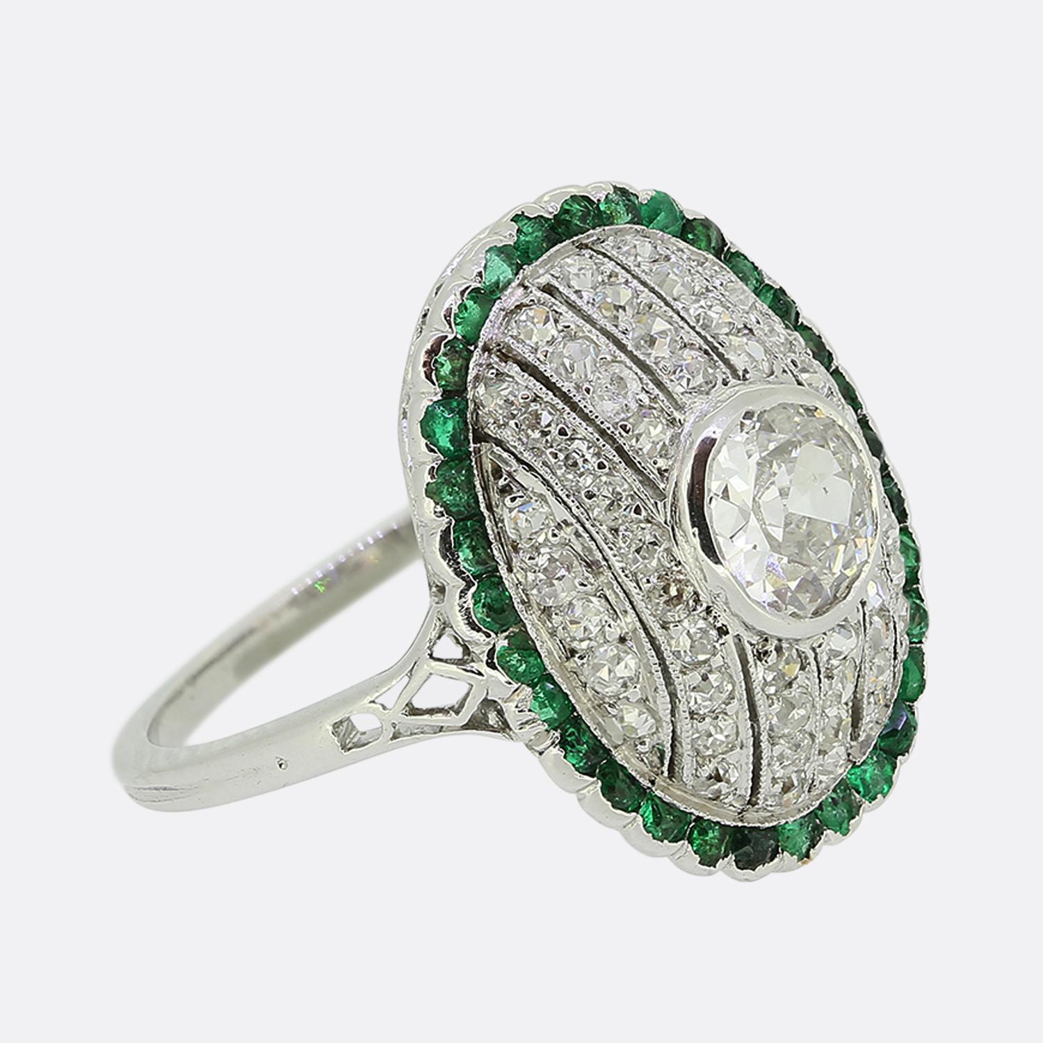 Old European Cut Art Deco Emerald and Diamond Cluster Ring For Sale