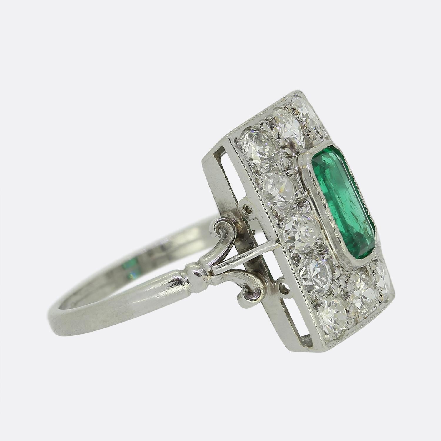 Emerald Cut Art Deco Emerald and Diamond Cluster Ring For Sale