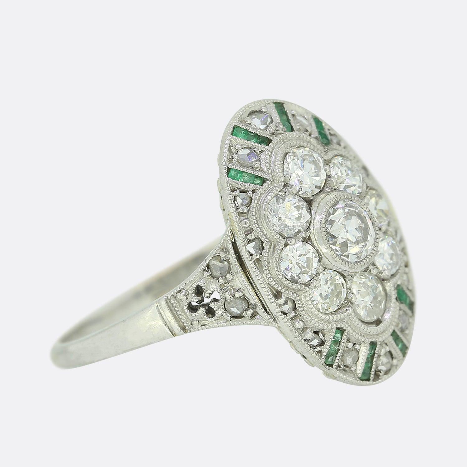 Old European Cut Art Deco Emerald and Diamond Cluster Ring For Sale