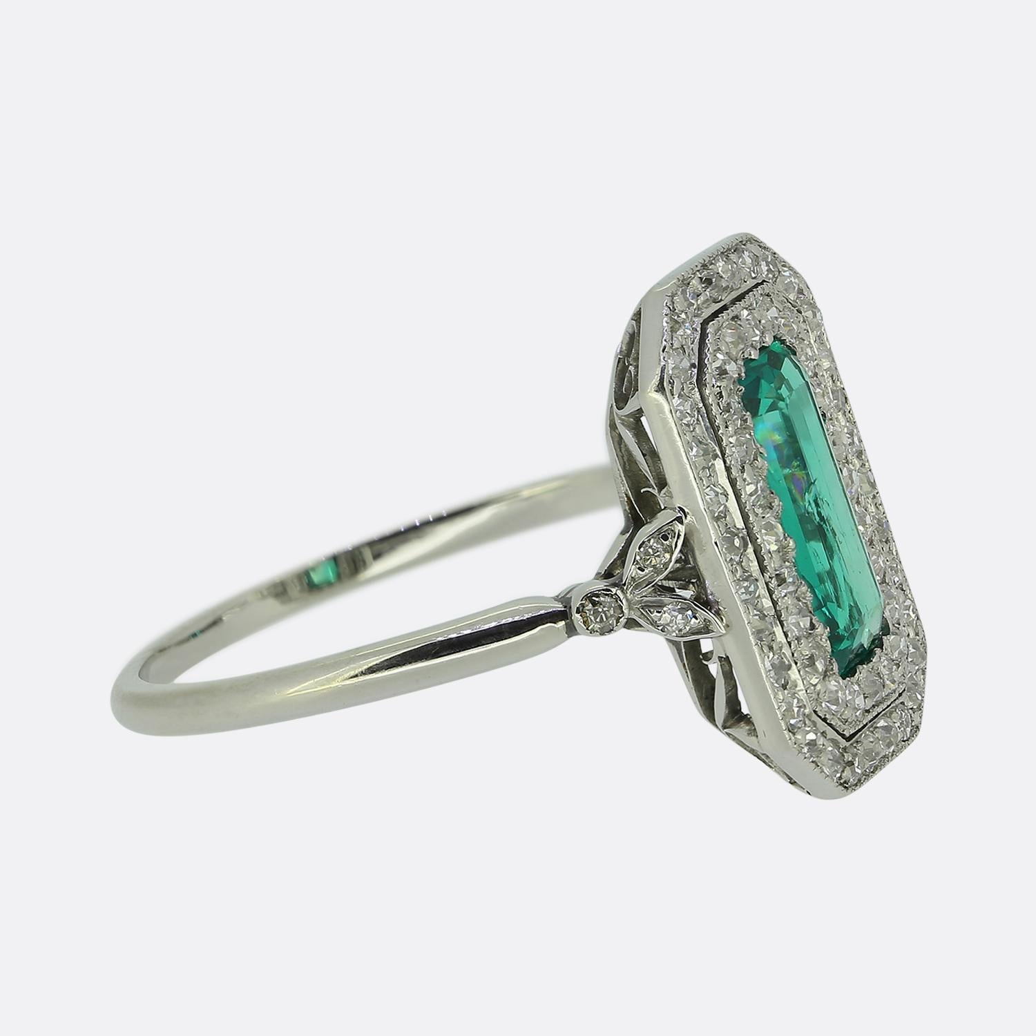 Old Mine Cut Art Deco Emerald and Diamond Cluster Ring For Sale
