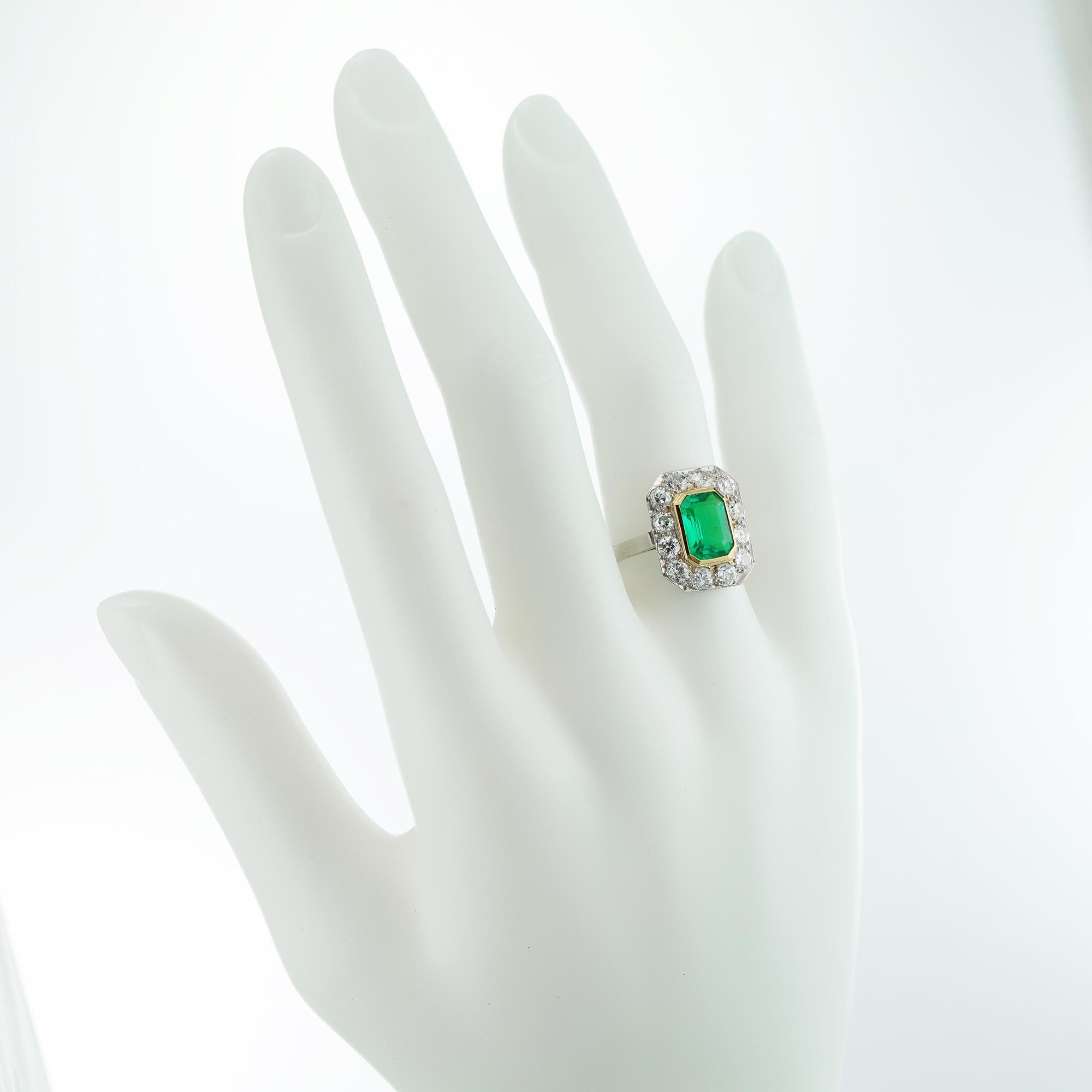Art Deco GCS Certified 1.22 Carat Columbian Emerald and Diamond Cluster Ring 1