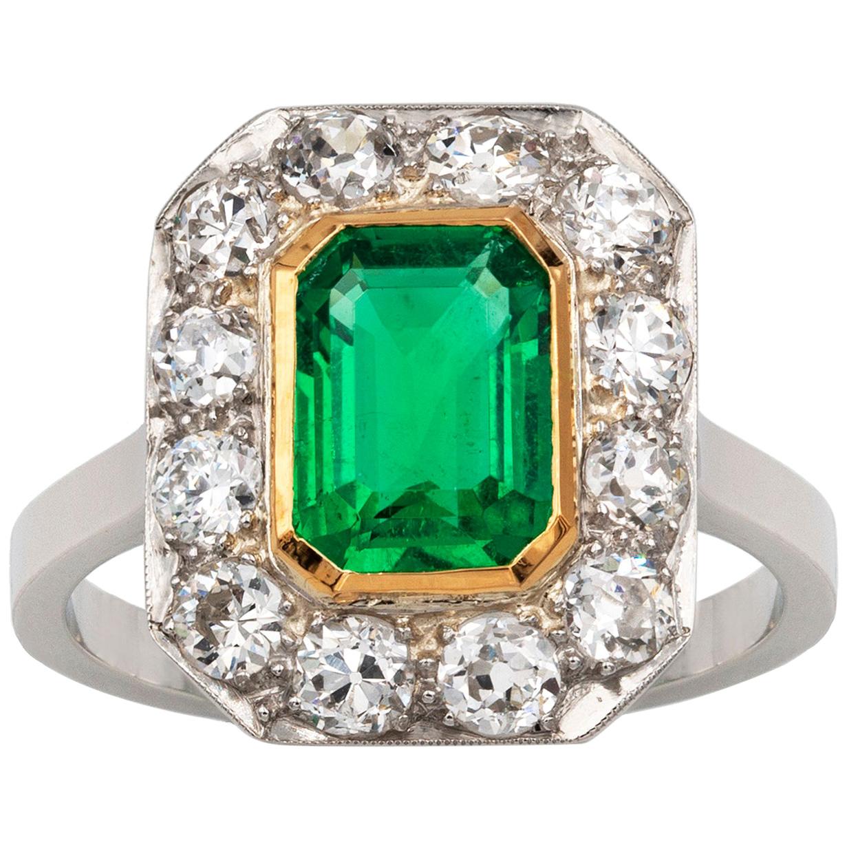 Art Deco GCS Certified 1.22 Carat Columbian Emerald and Diamond Cluster Ring