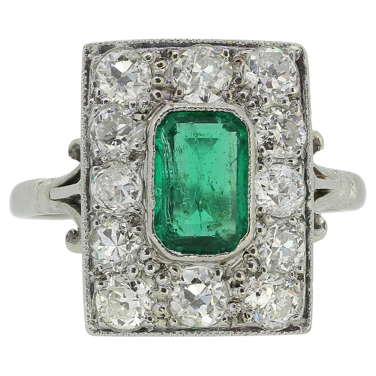 Art Deco Emerald and Diamond Cluster Ring For Sale