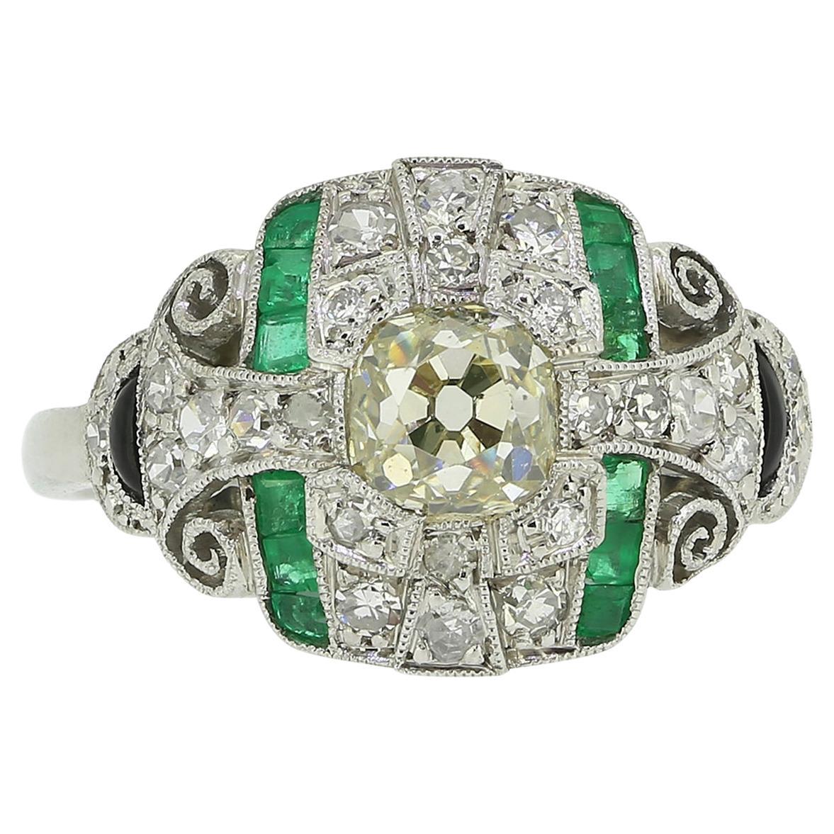 Art Deco Emerald and Diamond Cluster Ring