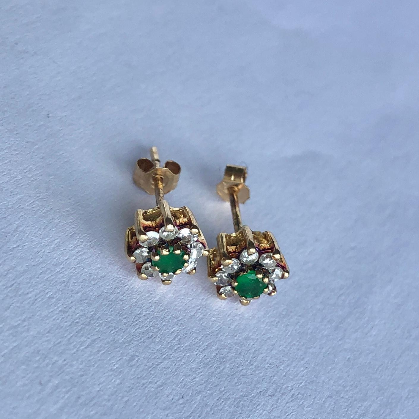 Emerald Cut Art Deco Emerald and Diamond Cluster Stud Earrings