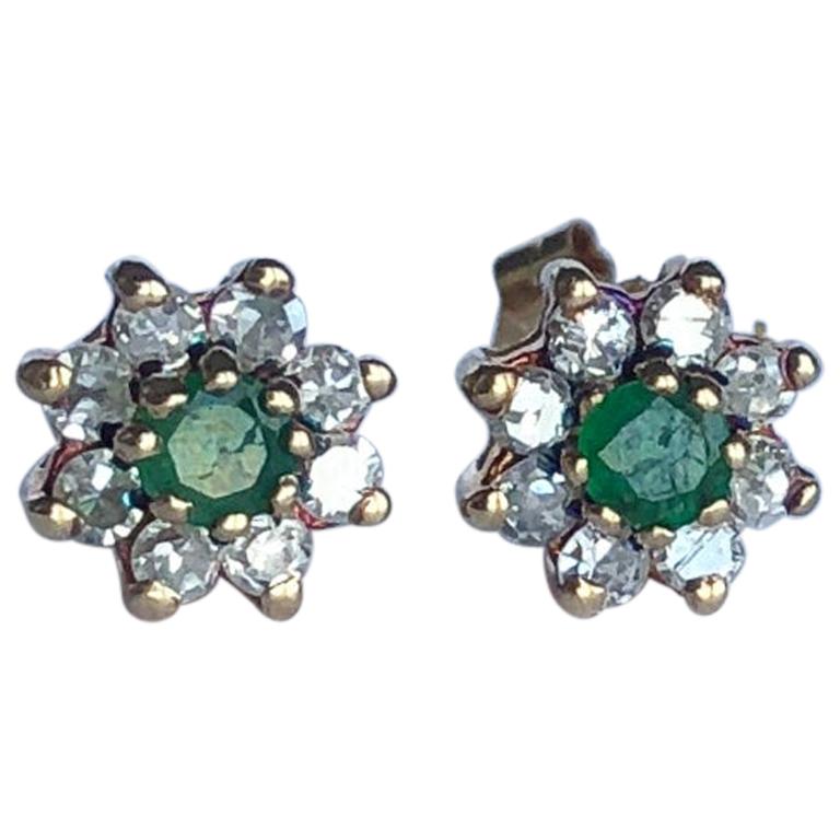 Art Deco Emerald and Diamond Cluster Stud Earrings
