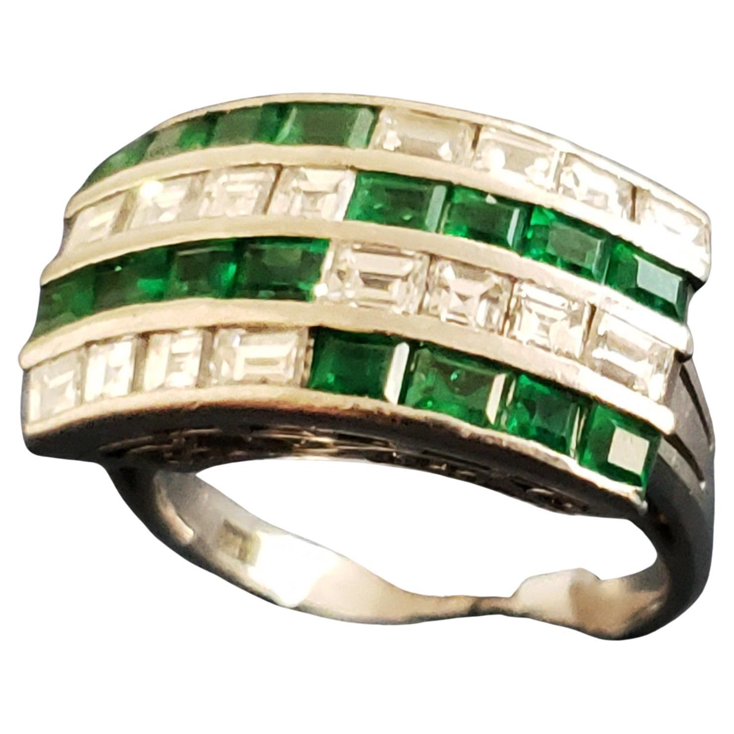 Emerald Cut Art Deco Emerald and Diamond Cocktail Ring 18K s-6 For Sale