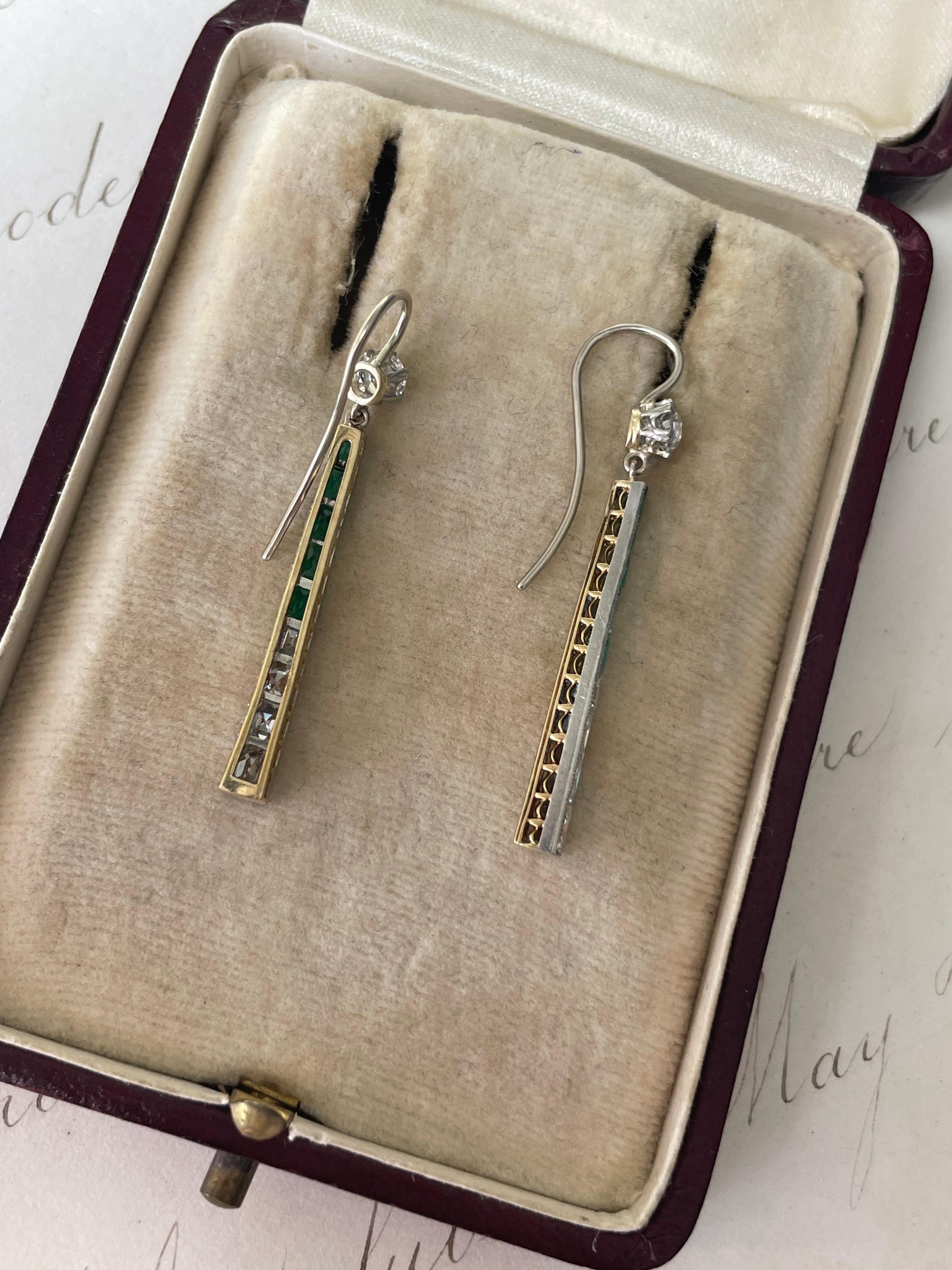 Emerald Cut Art Deco Emerald and Diamond Conversion Earrings For Sale