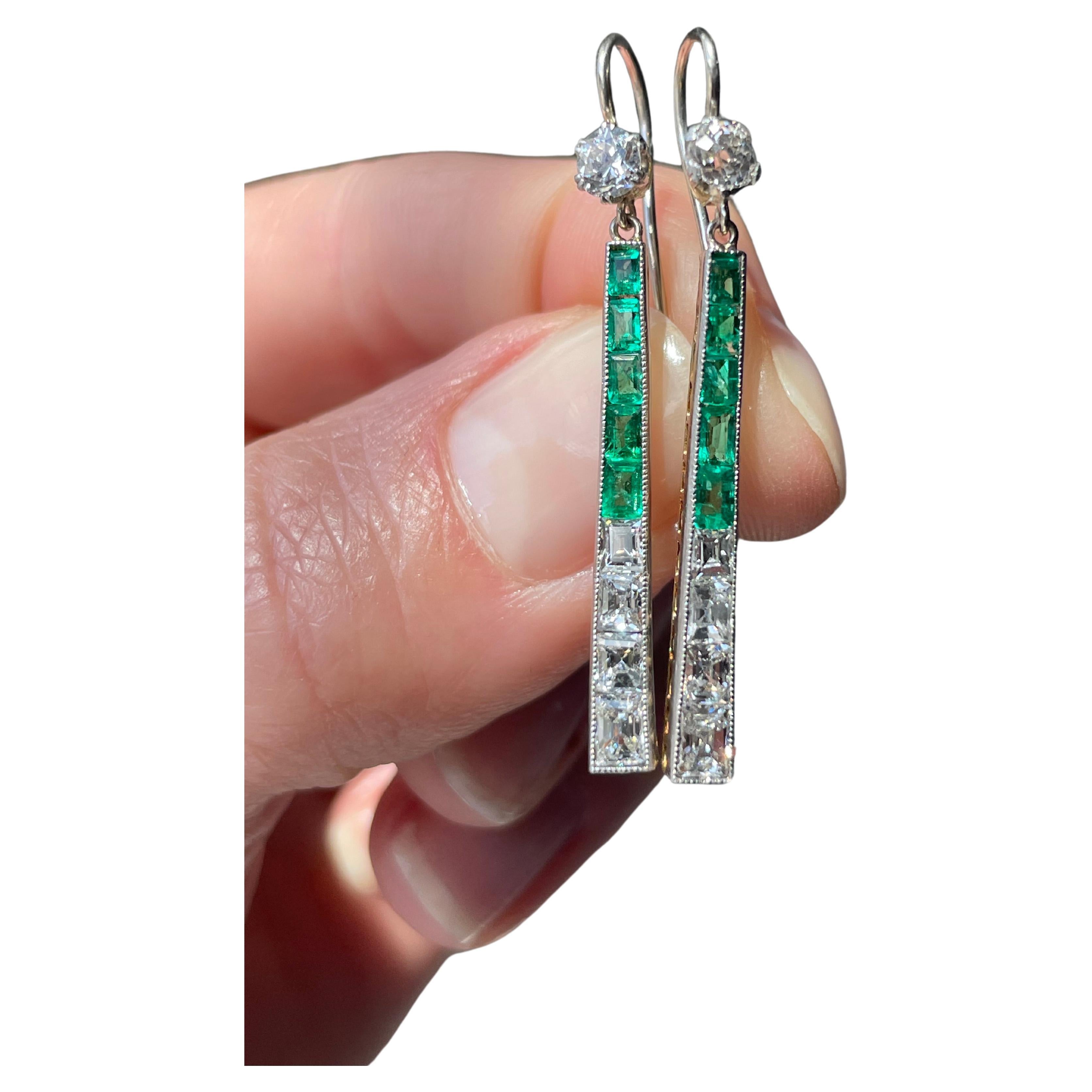 Art Deco Emerald and Diamond Conversion Earrings For Sale