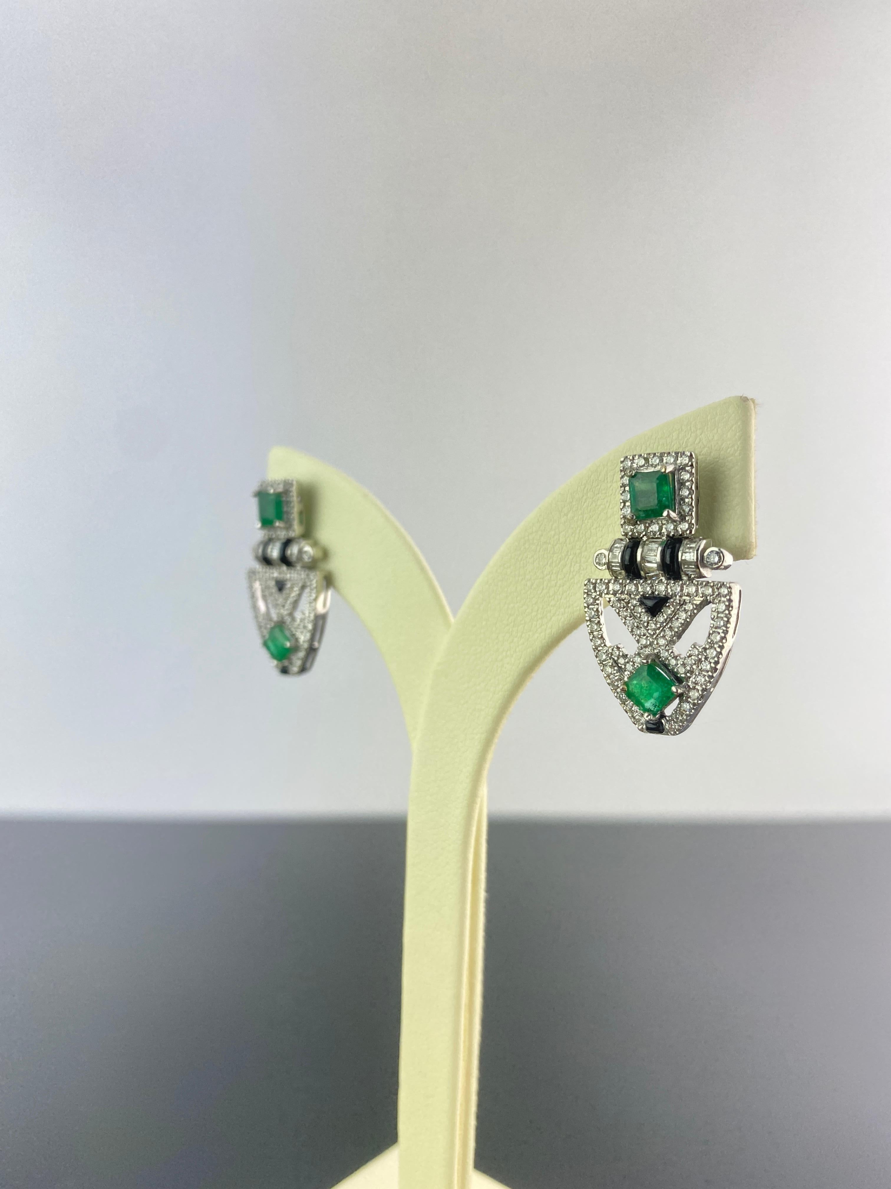 Emerald Cut Art Deco Style Emerald and Diamond Dangle Earring