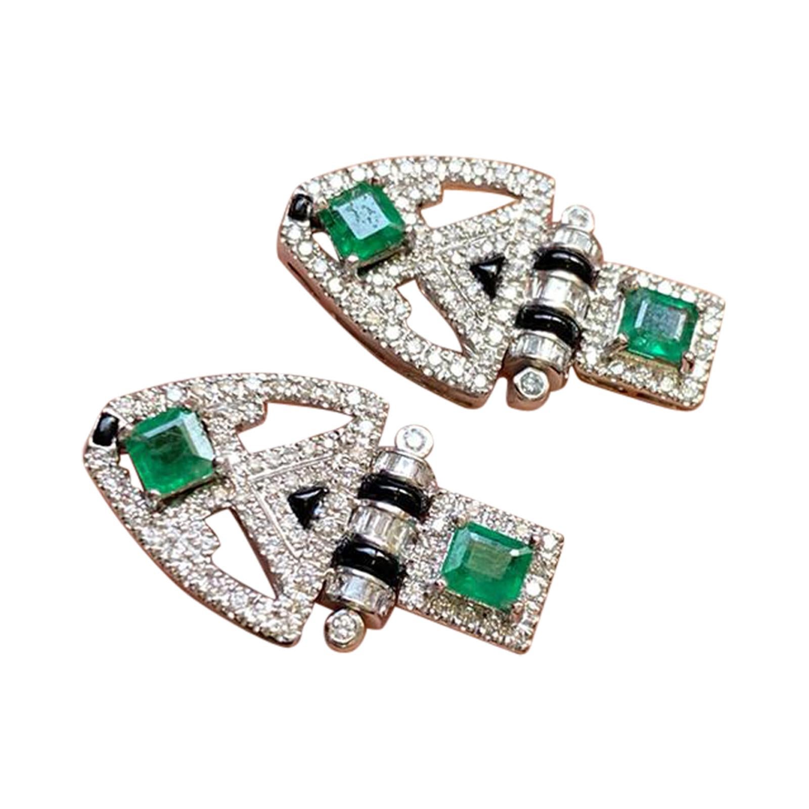 Art Deco Style Emerald and Diamond Dangle Earring