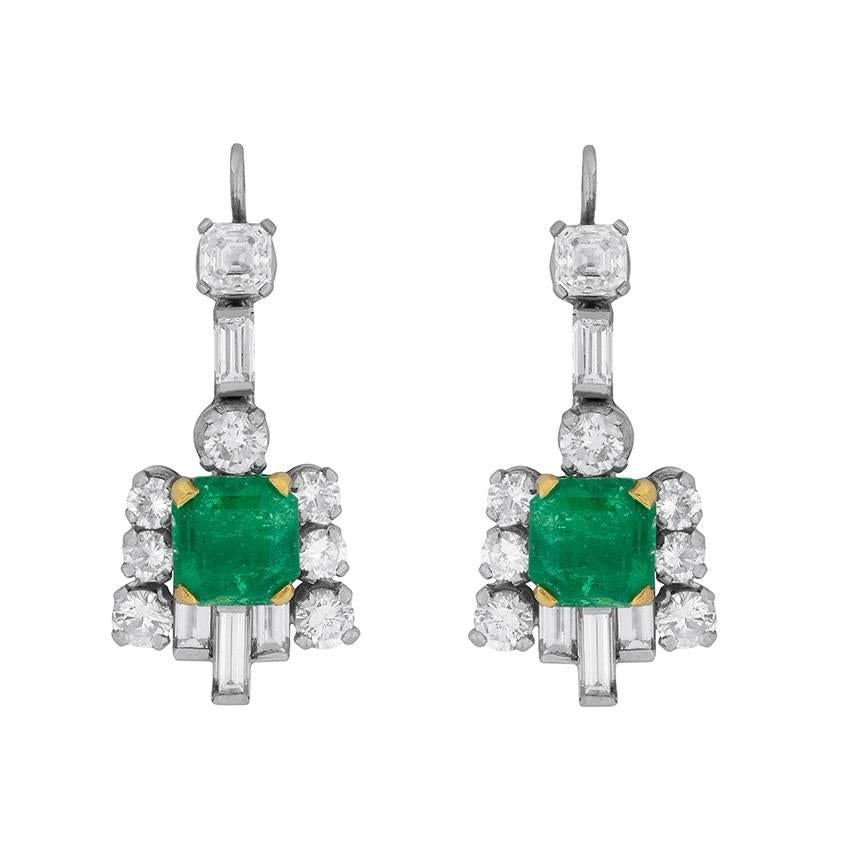Art Deco Emerald and Diamond Drop Earrings, circa 1920s