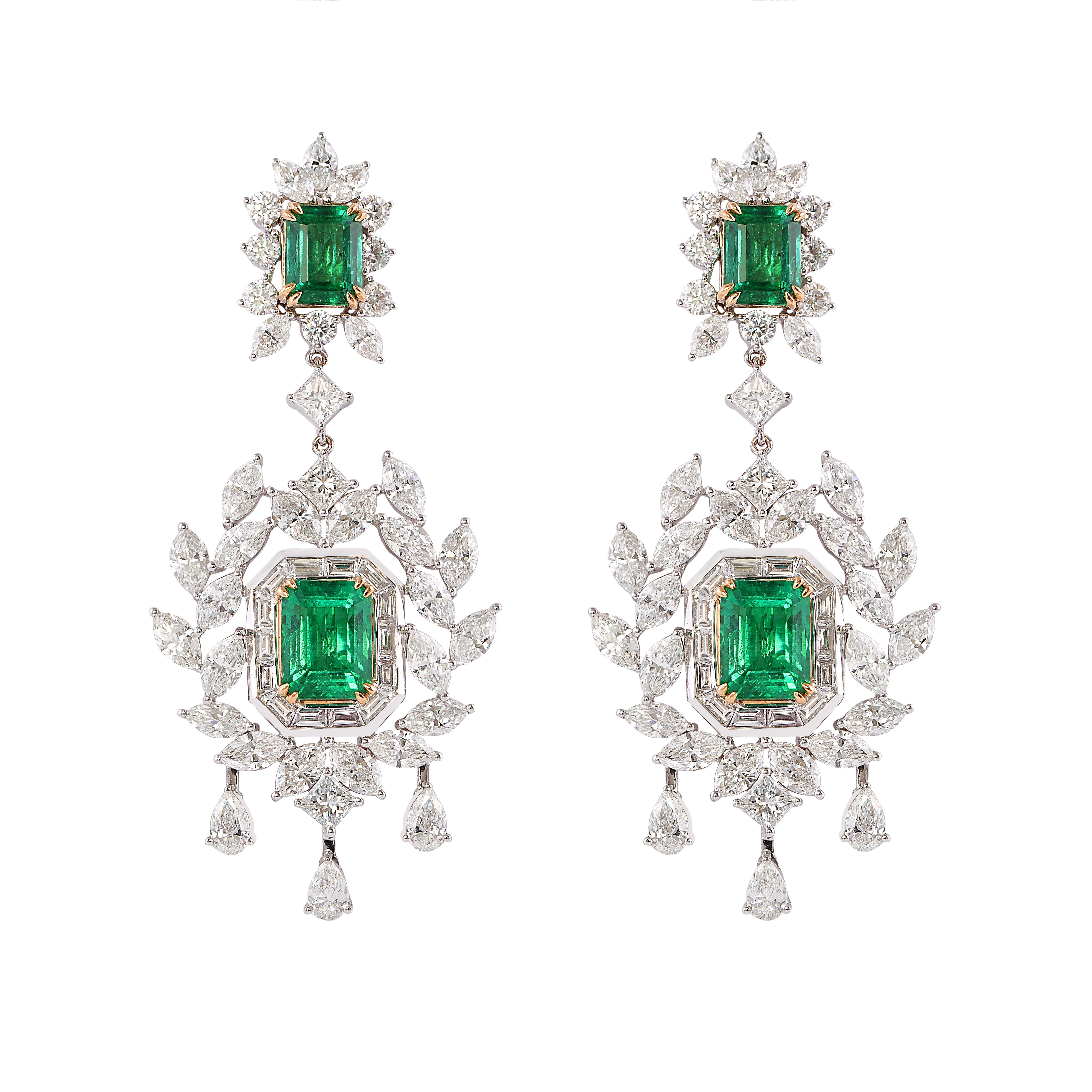 Octagon Cut Art Deco Style Emerald and Diamond Earrings in 18 Karat White and Yellow Gold For Sale