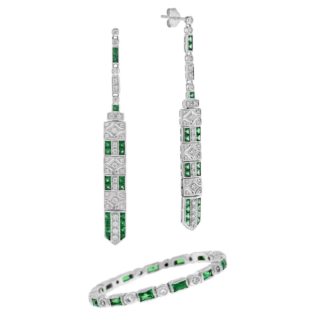 Anneau d'éternité en émeraude et diamant et boucles d'oreilles pendantes en or 14K Art Déco en vente
