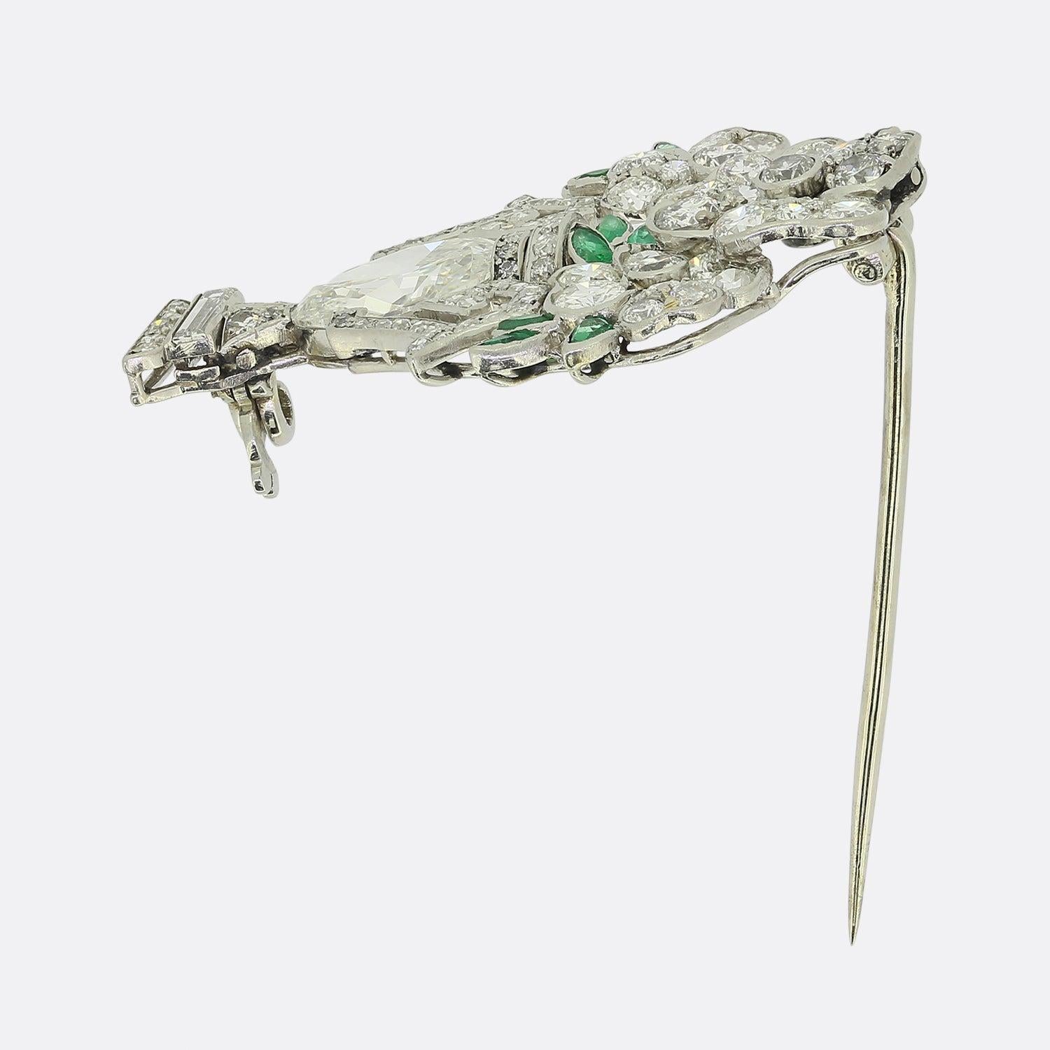 Pear Cut Art Deco Emerald and Diamond Flower Vase Brooch For Sale