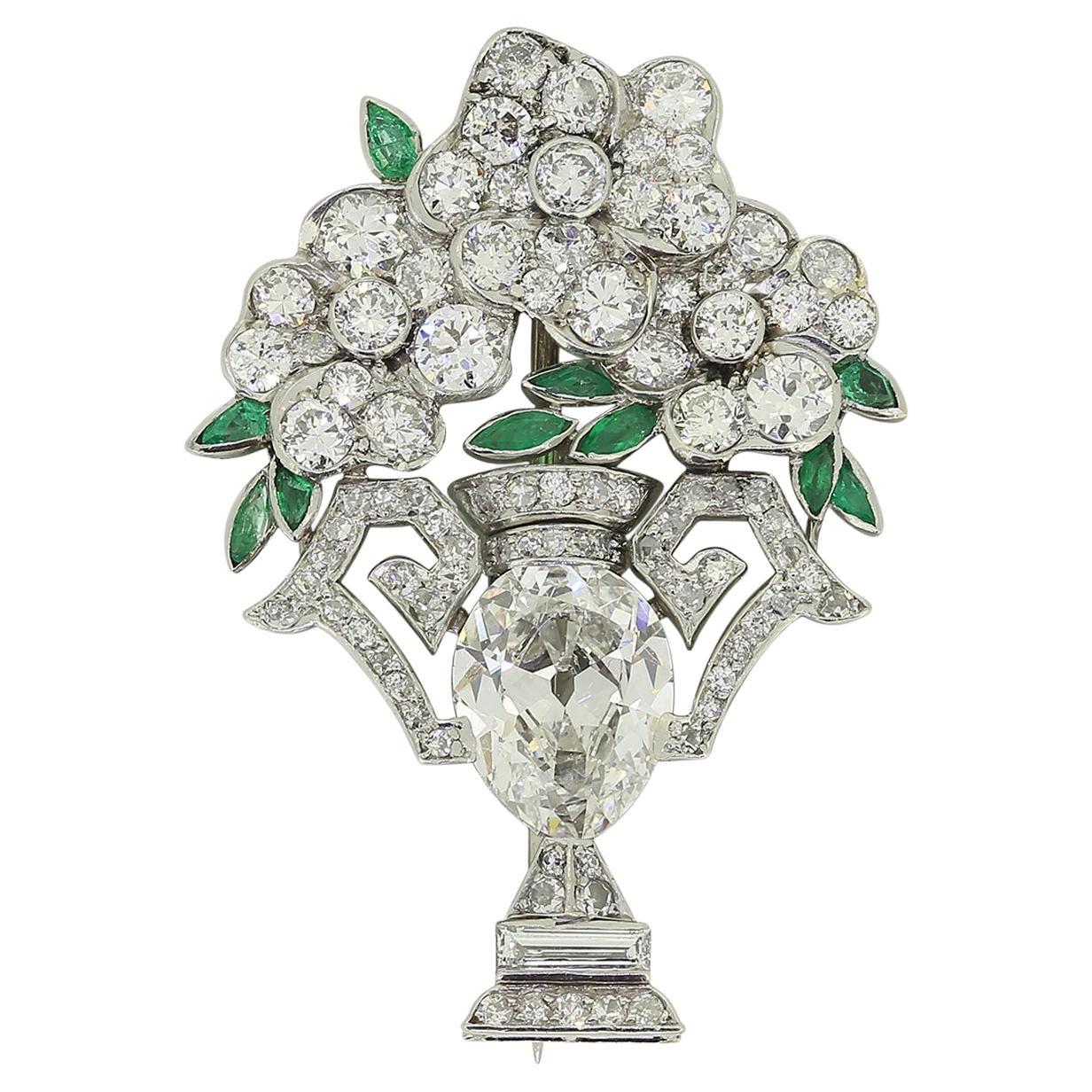 Art Deco Emerald and Diamond Flower Vase Brooch For Sale