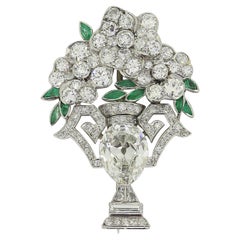 Antique Art Deco Emerald and Diamond Flower Vase Brooch
