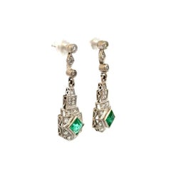 Art Deco Emerald and Diamond Gold Vintage Drop Earrings