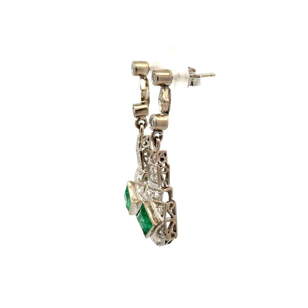 Pendientes Art Decó Esmeralda y Diamante Gota de Oro Vintage en venta 1
