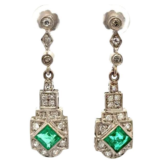 Pendientes Art Decó Esmeralda y Diamante Gota de Oro Vintage en venta
