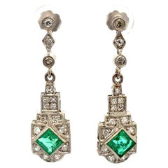 Pendientes Art Decó Esmeralda y Diamante Gota de Oro Vintage