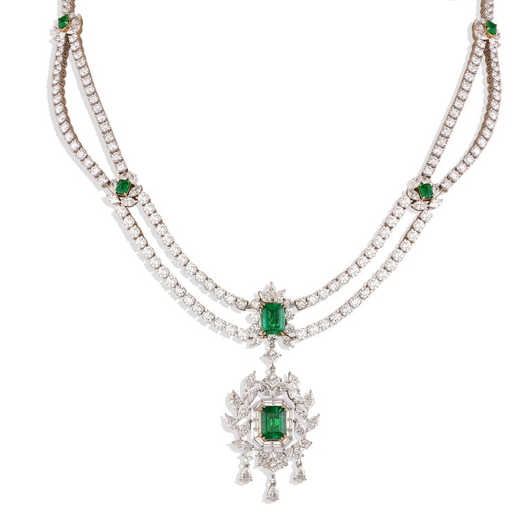 Art Deco Style Emerald and Diamond Necklace in 18 Karat White and ...