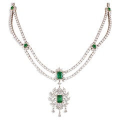 Art Deco Style Emerald and Diamond Necklace in 18 Karat White and Yellow Gold