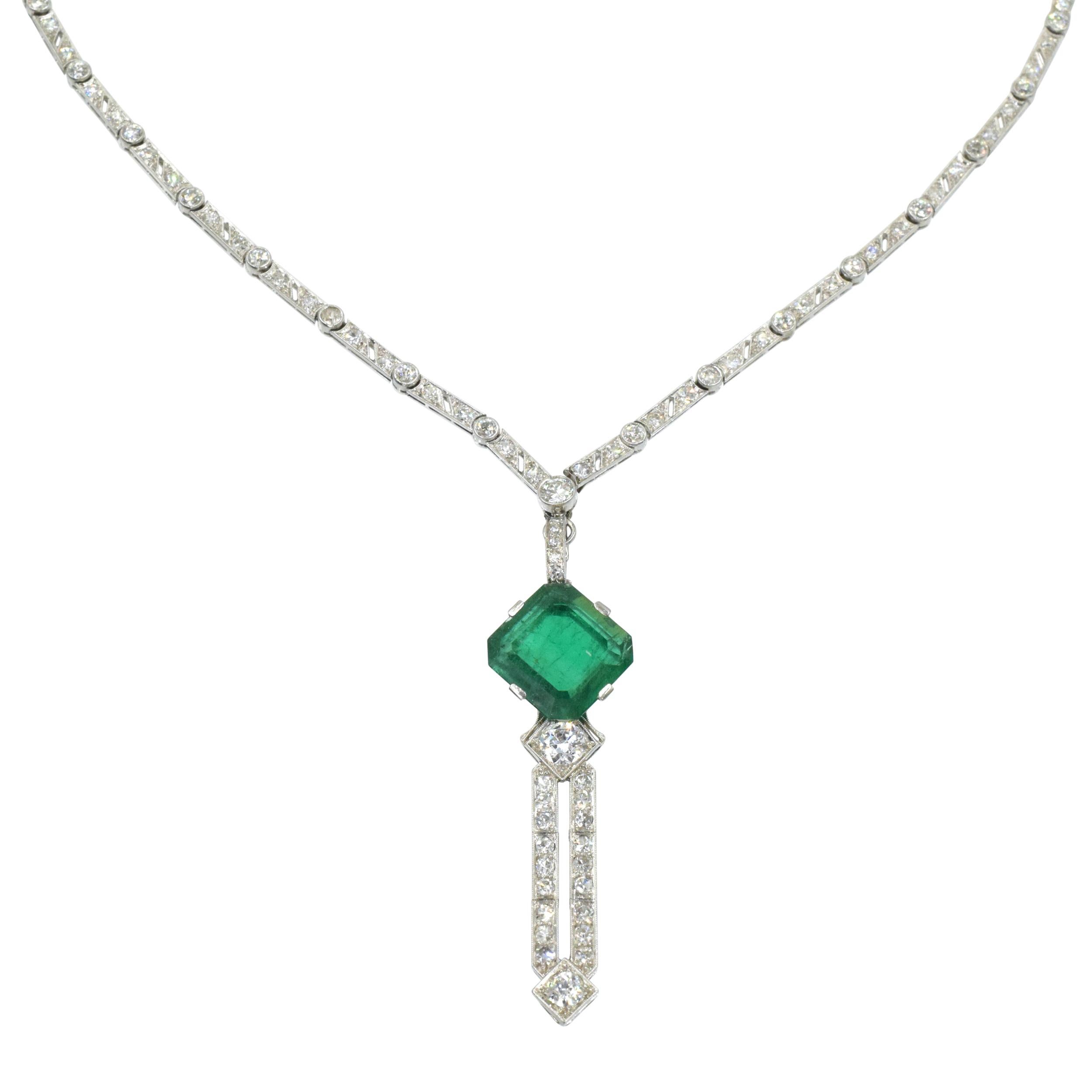 Square Cut Art Deco Emerald and Diamond Necklace / Pendant For Sale