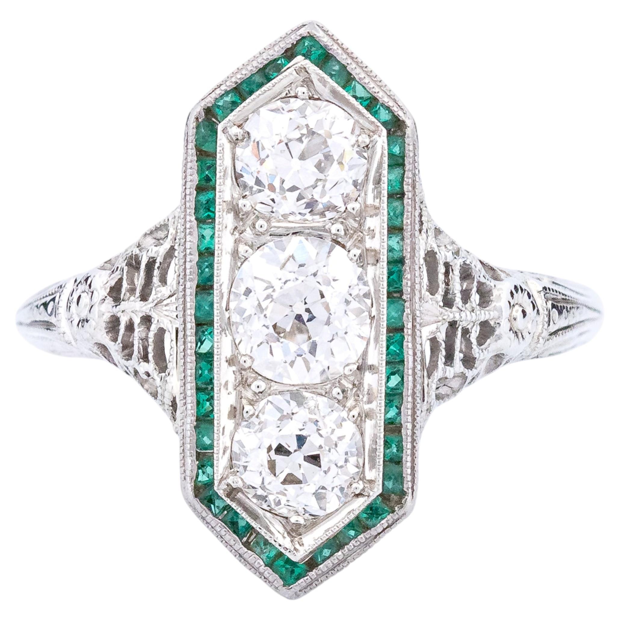 Art Deco Emerald and Diamond Plaque Ring, 1.36 Carat Old European Cut Diamonds