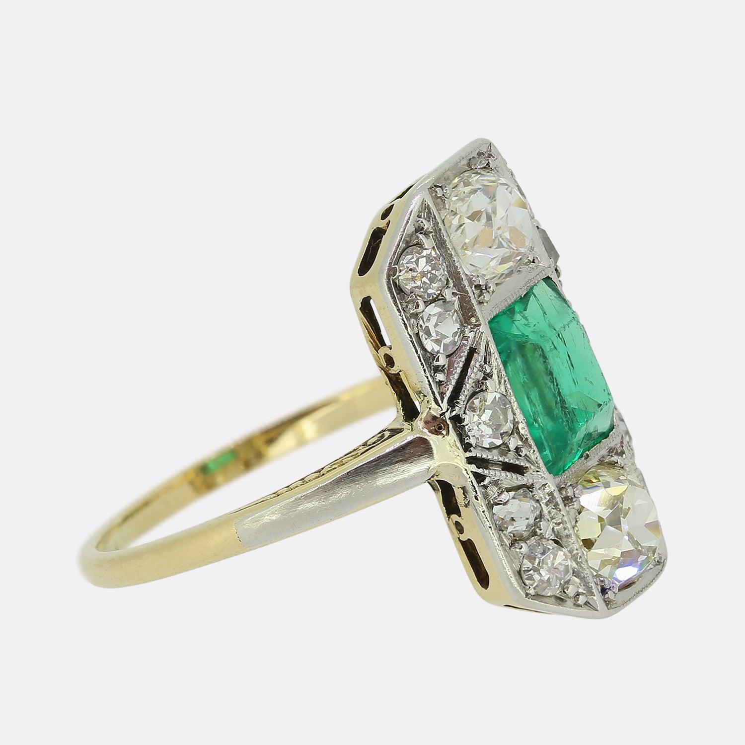 Old Mine Cut Art Deco Emerald and Diamond Plaque Ring For Sale
