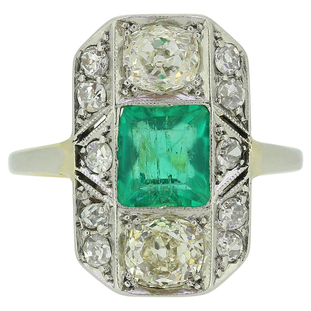 Art Deco Emerald and Diamond Plaque Ring