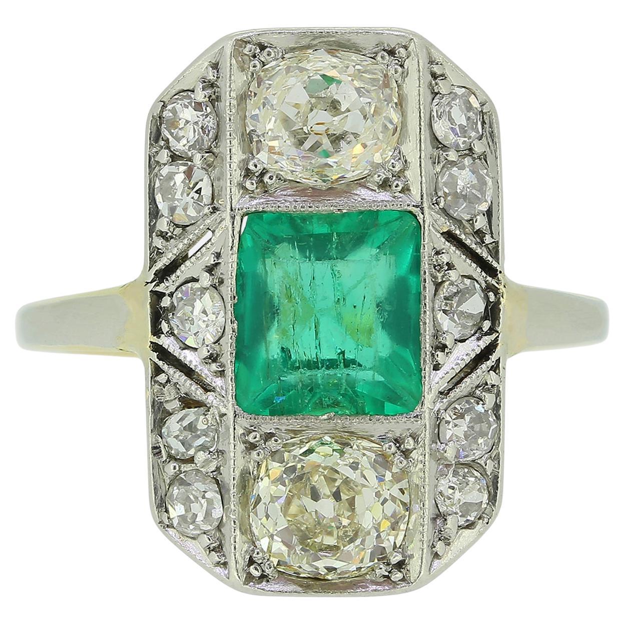 Art Deco Emerald and Diamond Plaque Ring