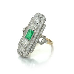 Art Deco Emerald and Diamond Plaque Ring, Platinum and 18ct Gold