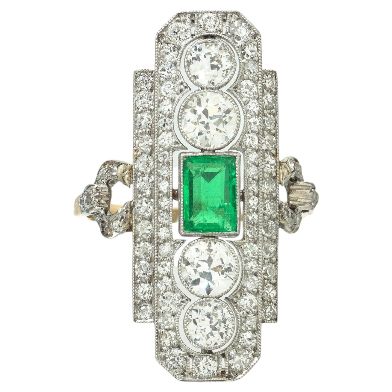 Art Deco Emerald and Diamond Plaque Ring, Platinum and 18ct Gold For Sale