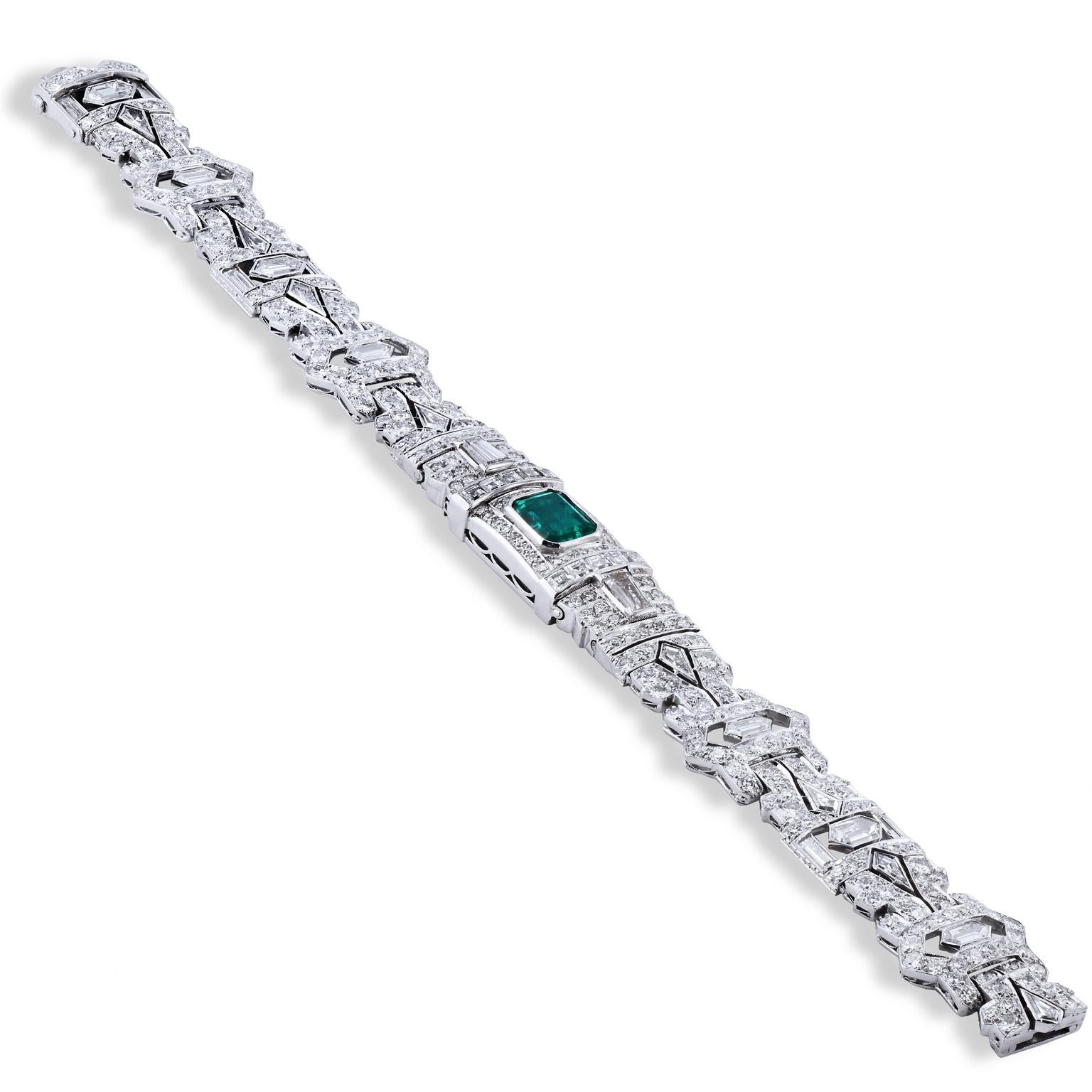 Emerald Cut A.G.L. Certified 1.96 Emerald 16 Carat Diamond Platinum Bracelet Art Deco Style